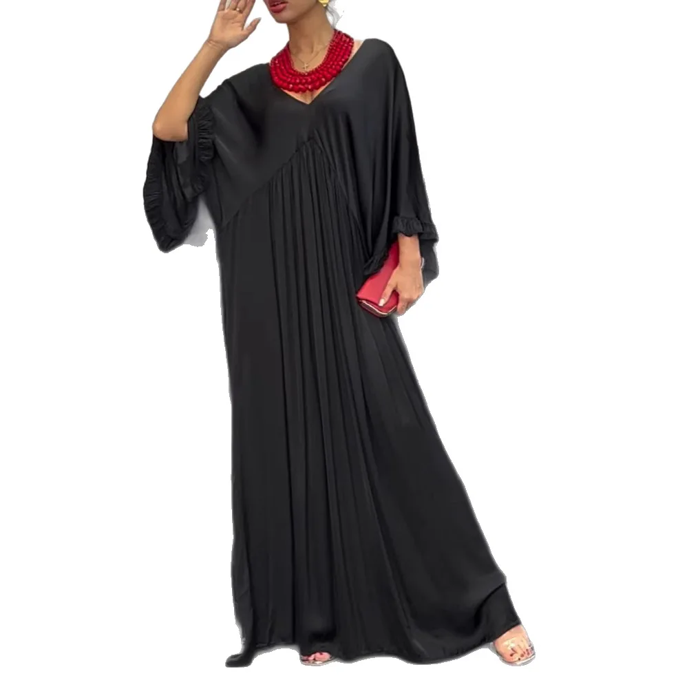 Elegante satijnen maxi-jurken voor dames 2025, herfst, casual losse jurk met V-hals en lange mouwen