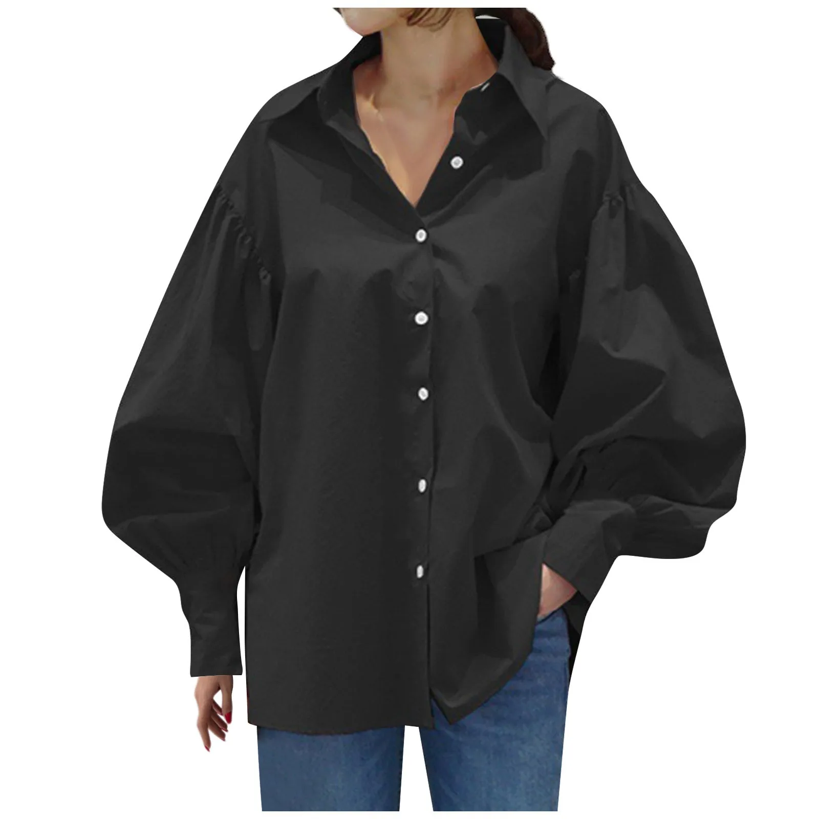 Oversized Casual Long Lantern Sleeve Lapel Button-down Blouse Of Solid Color For Female Streetwear Basic Shirts Women Elbow