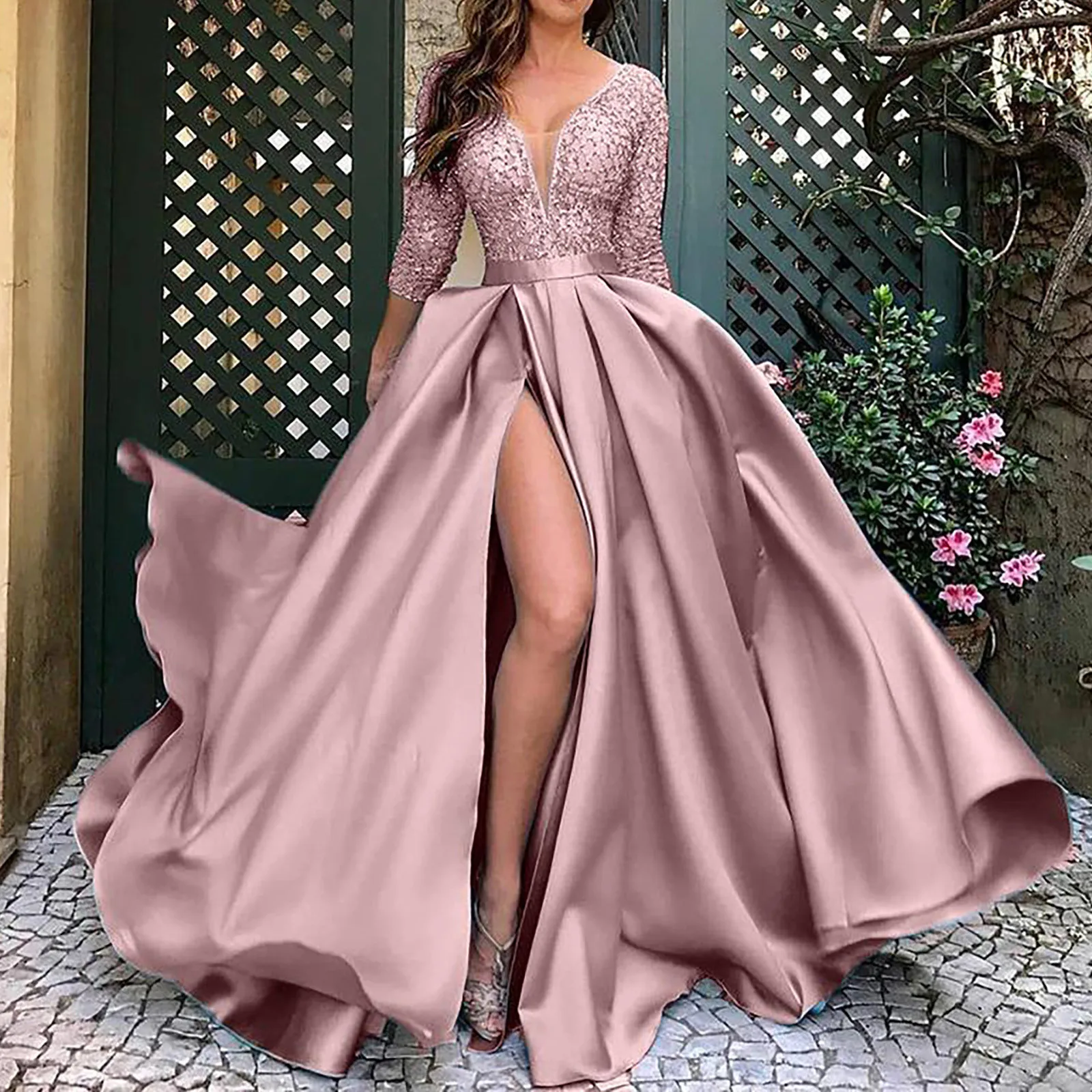 Robe longue sexy à col en V et poitrine ouverte pour femmes, grande balançoire, soirée traînante, robe de soirée spéciale, mode éducative