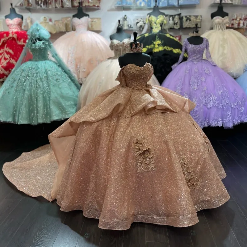 Szampańskie ukochane sukienki Quinceanera słodkie 16 błyszczących tiulów z falbanami 3DFlower Vestido De 15 Anos suknia na przyjęcie urodzinowe na maskaradę