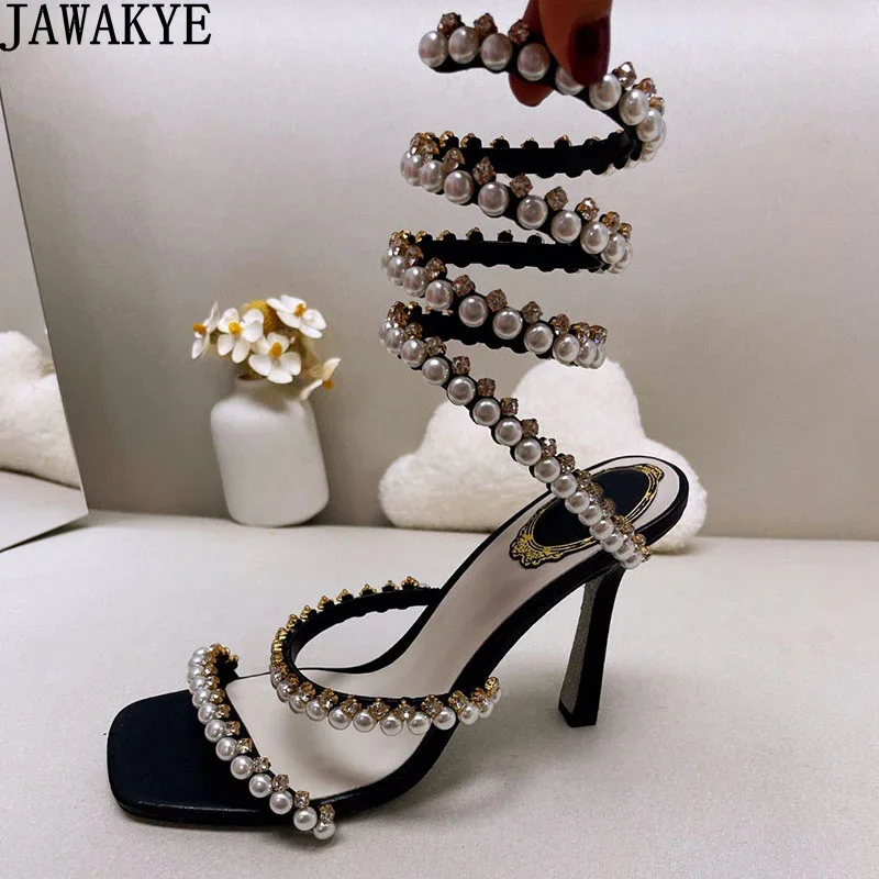 

Designer New Gladiator Sandals Women Square Toe Pearl Clasp Open Toe High Heel Shoes Summer Sexy Runway Party Wedding Shoes