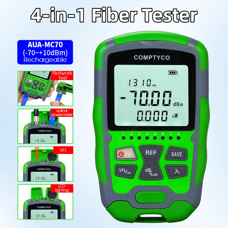 

AUA-MC70 Rechargeable 4 in 1 FTTH Mini Fiber Optic Tester Optical Power Meter + Visual Fault Locator+Rj45 Network Test+LED Light