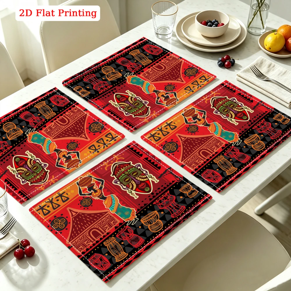 2Pcs African Tribal Pattern Placemat Red Black Drum Hut Design Table Mat For Dining Kitchen Home Decor Gift 30X40Cm