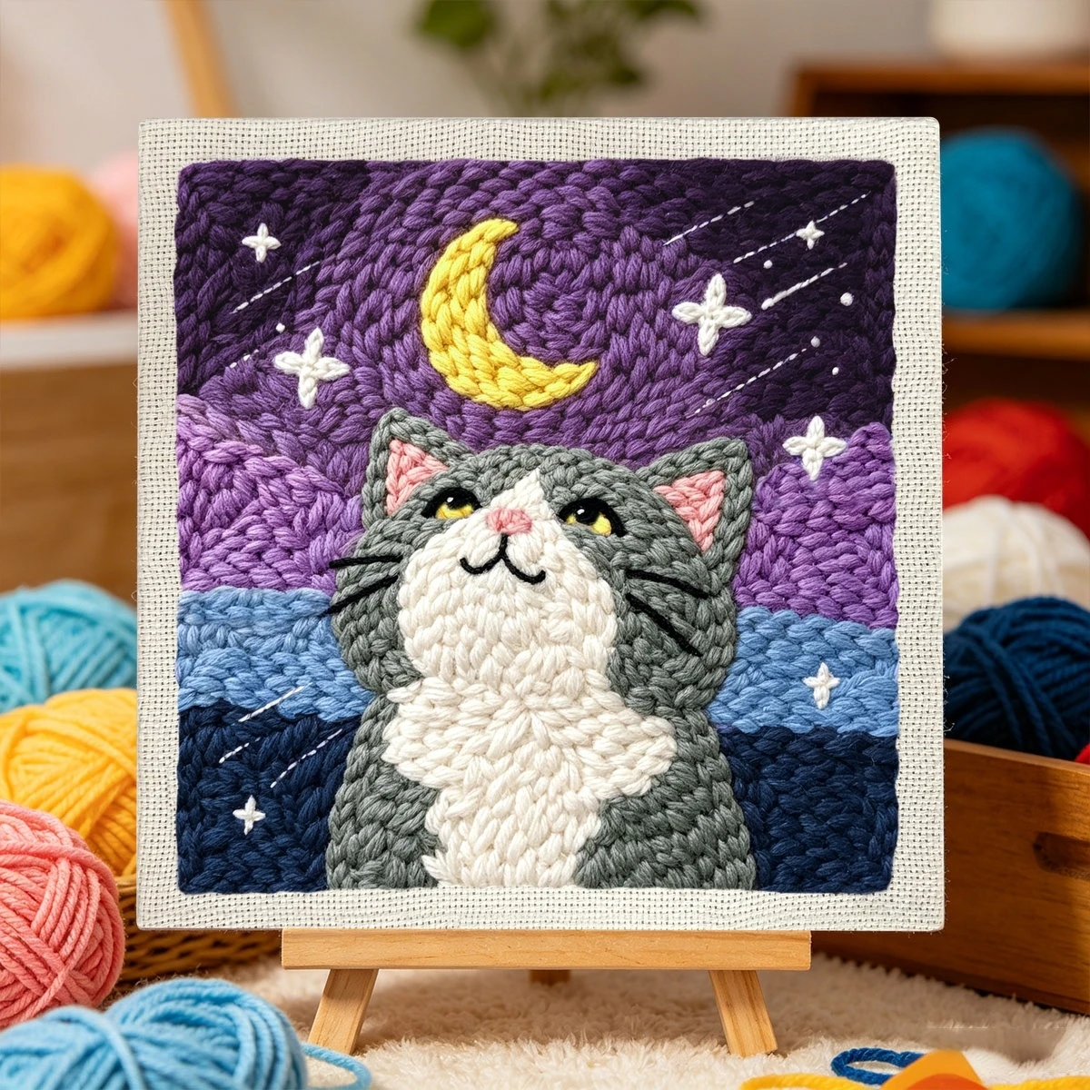 1 Set Katze, die den Mond betrachtet, DIY-Stickset für Anfänger, Stick-Starter-Kit, Kreuzstich-Kunstgeschenk, Handarbeits-Bastelset – Detail 2