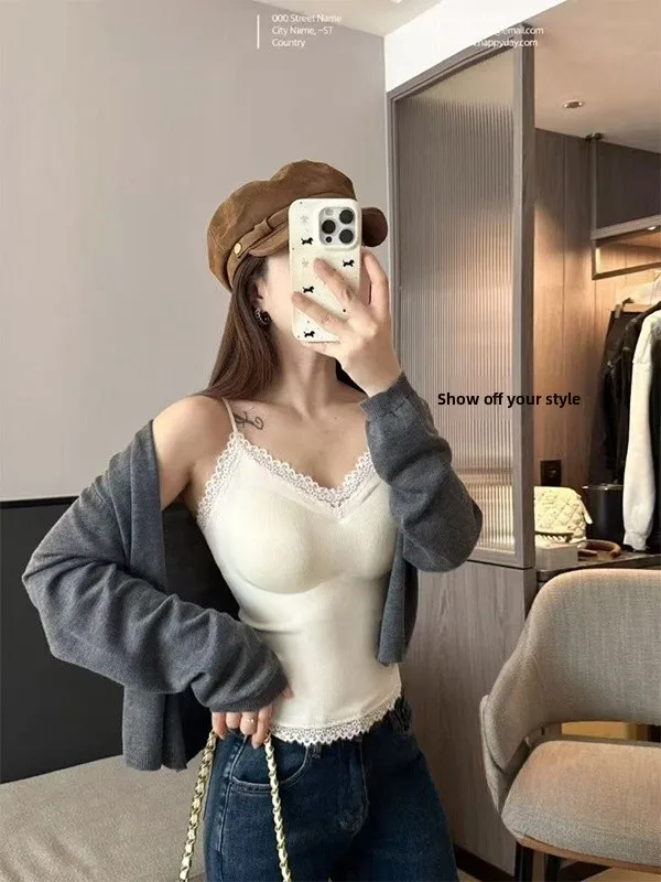 レーストリム付きタンクトップ レディースインナーウェア 秋冬 美しいブラインナーパッド入り スリムフィット チューブトップ...