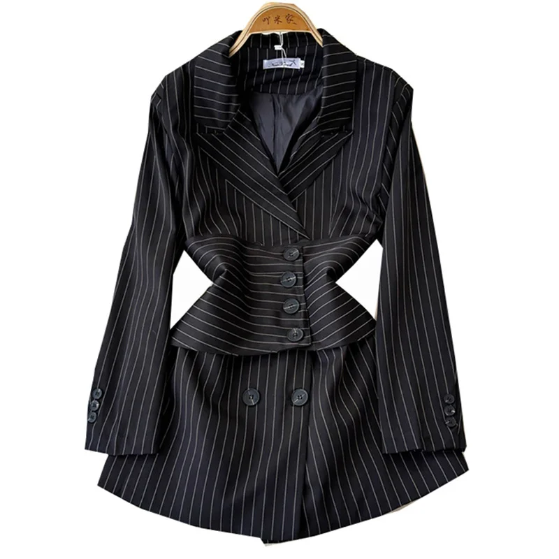 EWQ Fashion Striped Blazer Women Notched Gathered Waist Double Breasted Long Sleeved Tops Clothing 2024 Summer New 27X384