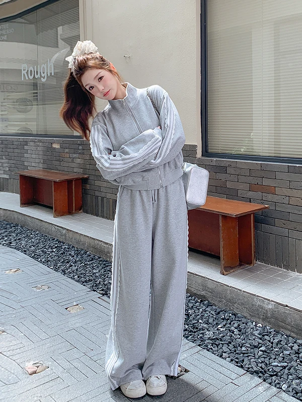 Komplet damski: bluza z koronkowym wykończeniem i szerokie spodnie, casualowy zestaw dwuczęściowy, nowa kolekcja wiosna-jesień, sportowy styl.