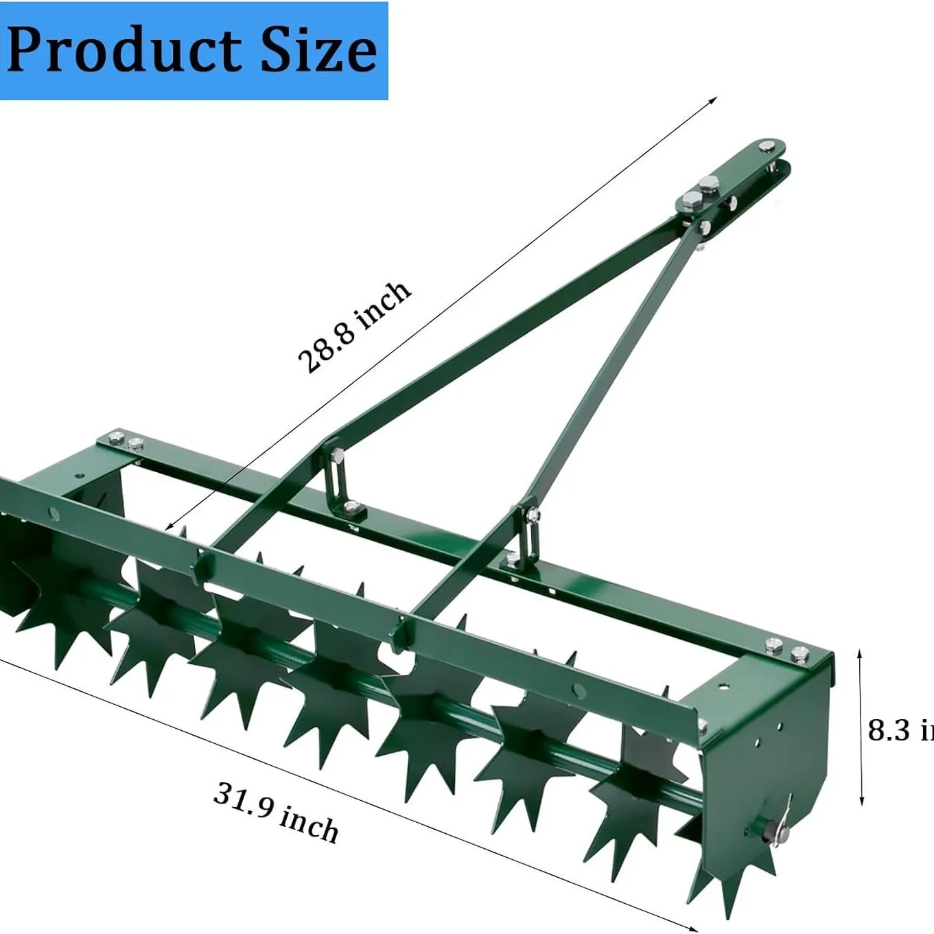 Lawn aerator traction belt universal hitch device for pointed, scarifier lawn machine. Lawn mower