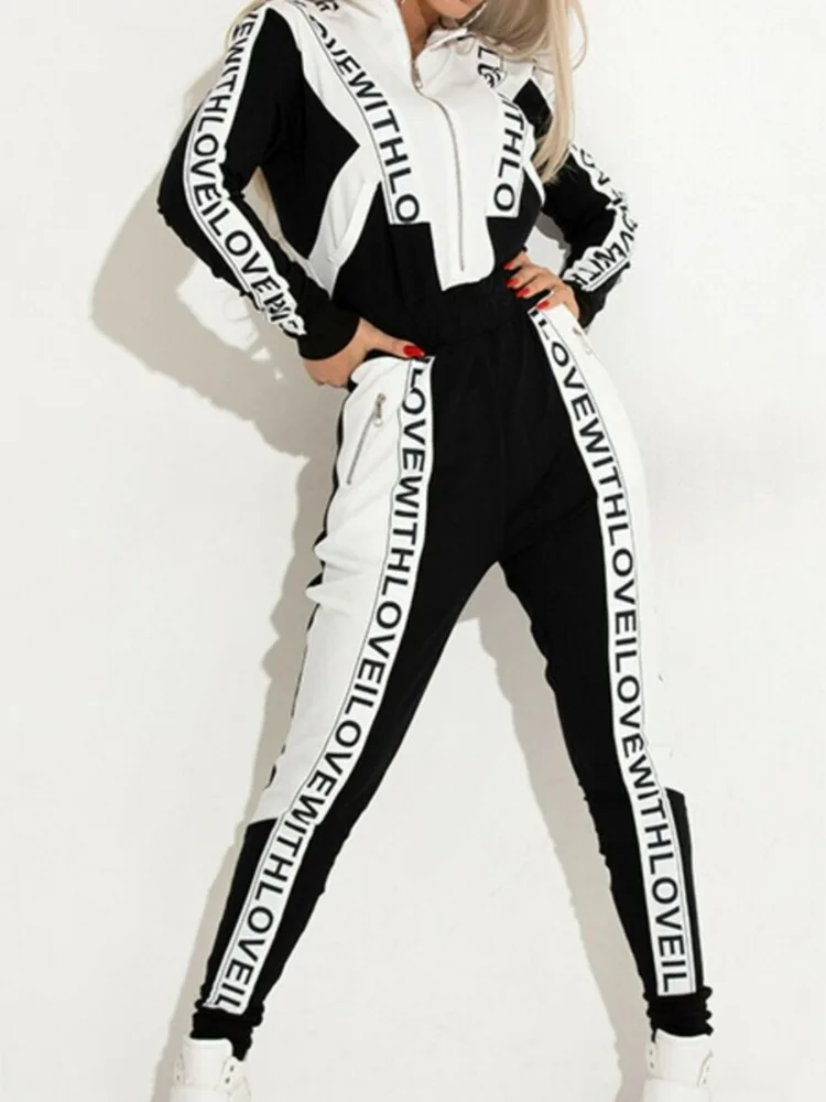 

Women's Clothing Jumpsuits Black&White Patchwork Letter Print Jumpsuits Zipper Collar fashion One-piece trouser set