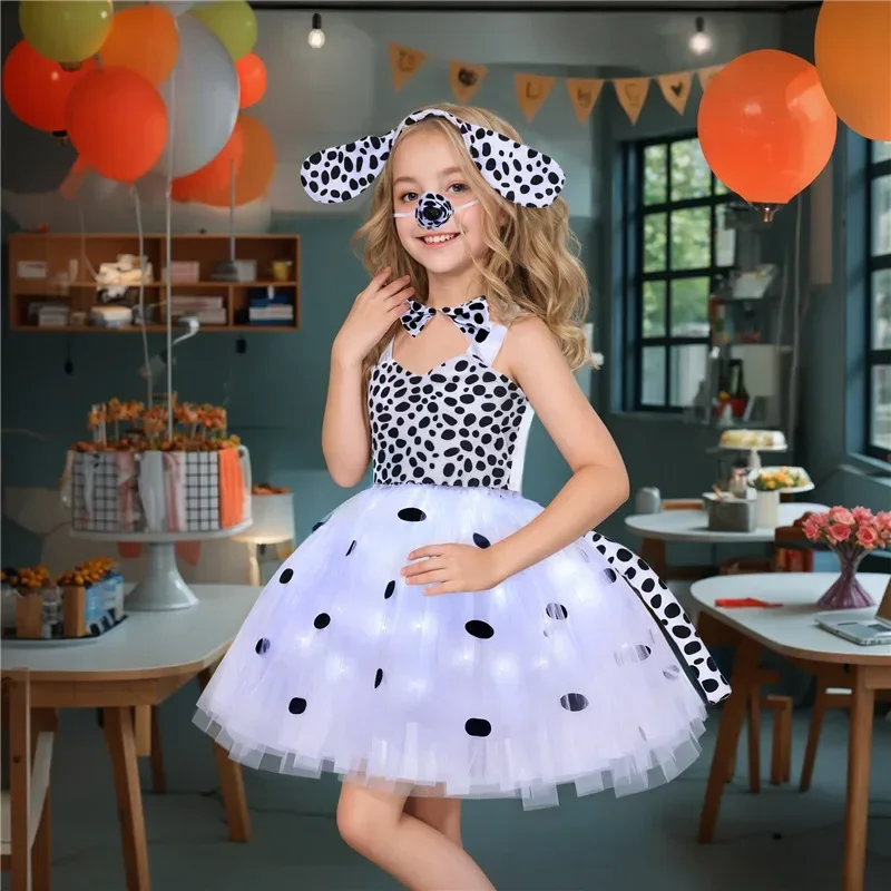 Dalmatian Dog Tutu Dress for Kids Animal Halloween Costume Spotted Toddler Puppy Dress Up with LED Outfit Birthday Party Dresses