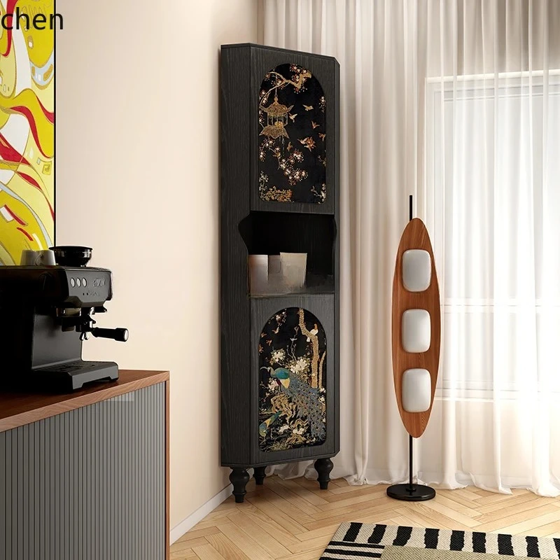 b1 medieval peacock picture solid wood triangular cabinet, bedroom bookshelf storage, corner cabinet next to household sofa