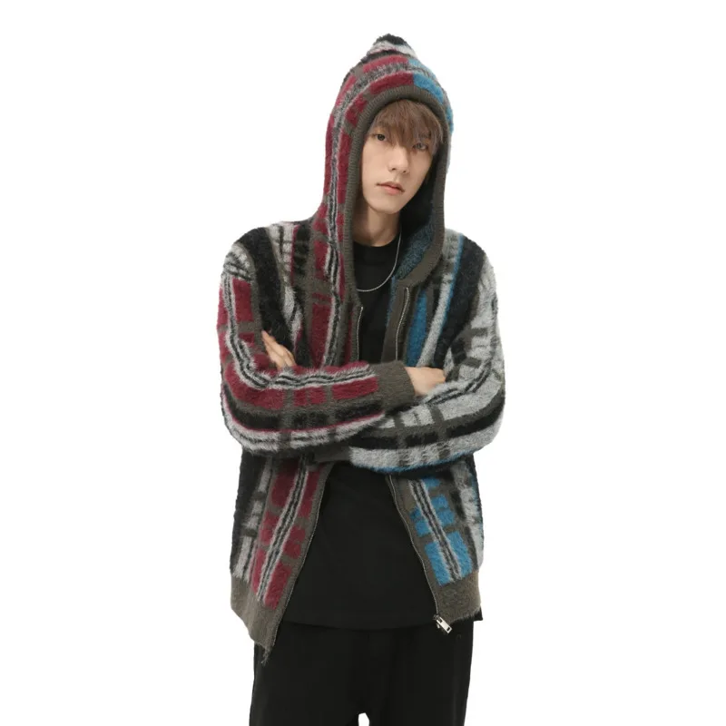 SYUHGFA American Style Fashion Winter Men's Cardigan Casual Zippers Hooded Contract Color Striped Sweaters Loose Male Knits 2024