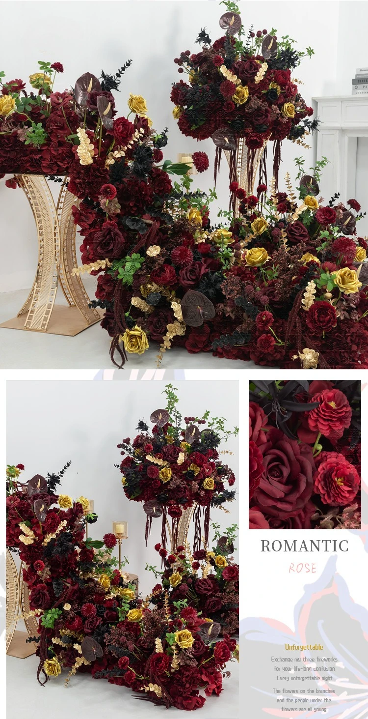 Tiefrote künstliche Blumenreihe, Hochzeitsdekoration, florale Beschilderung, künstliche Blumenkugel, Gangläufer für Party-Event-Hintergrundarrangements – Detail 7