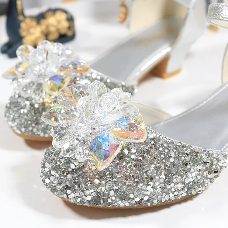 Girls Princess Shoes Performance Crystal Shoes Summer Children High Heels Model Walking Show Performance Leather