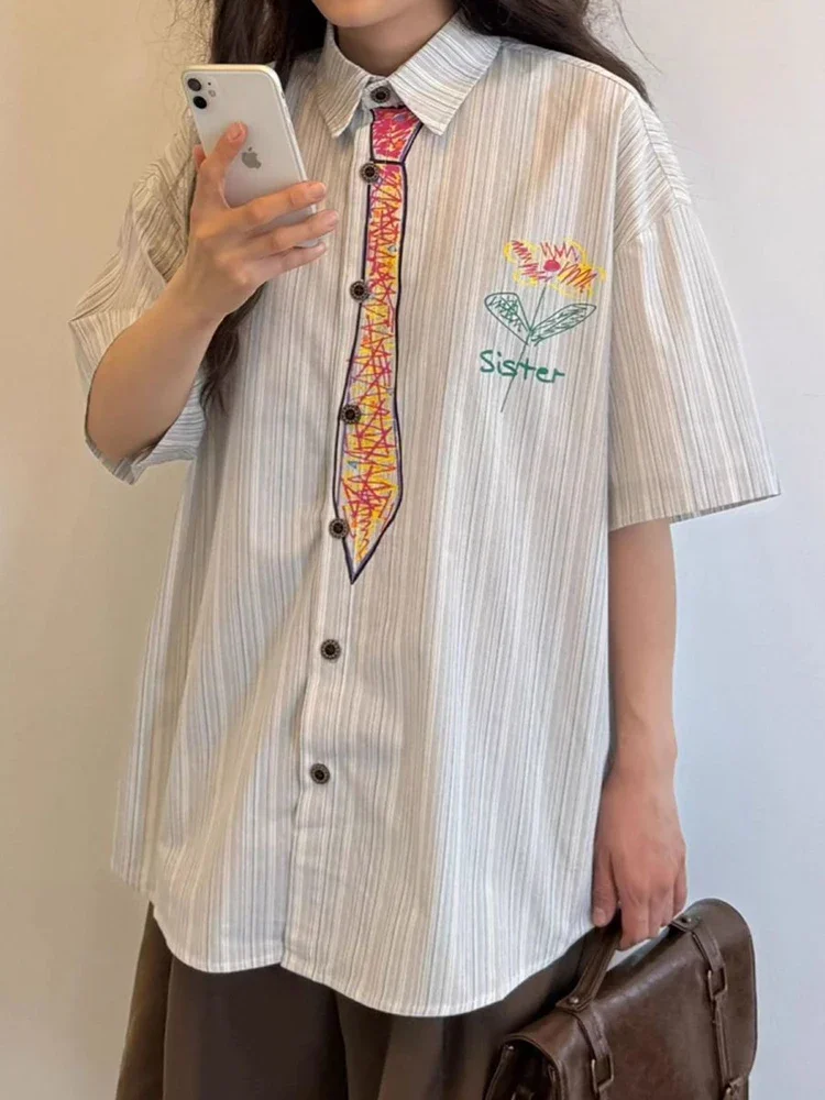 Zoki Hand Painted Y2K Shirt Women Loose Casual Preppy Style Blouse Vintage American Oversize Harajuku Short Sleeve Cute Bf Tops