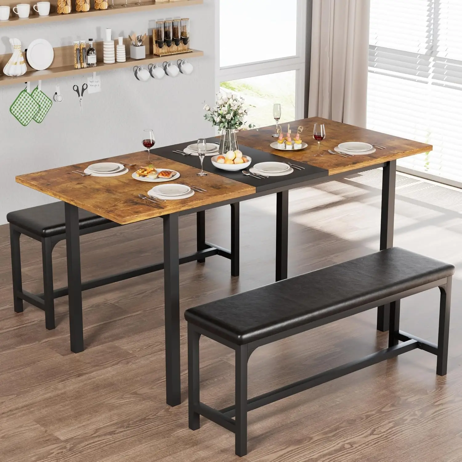 Vecelo-Mesa de cozinha extensível com bancos e cadeiras, Conjunto de sala de jantar, Pequeno, Moderno, Pequeno-almoço, 4 6 2, 63 in, 3 PCs