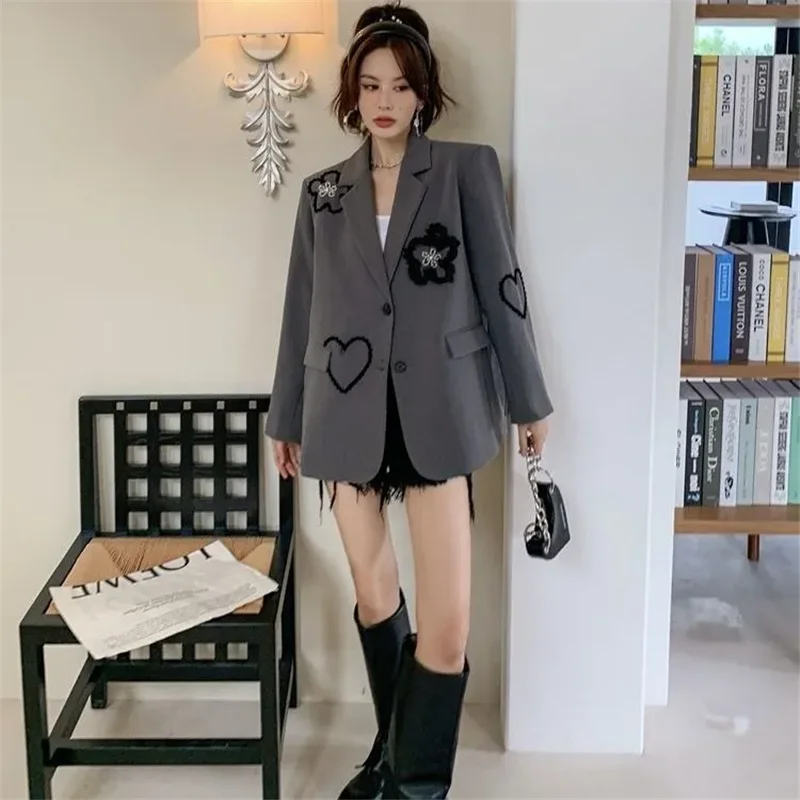 Spring Autumn Suit Jacket Women 2024 New Fashion Loose Casual Tops Suit Coat Embroidery Pure Colour Button Grey Blazer Female