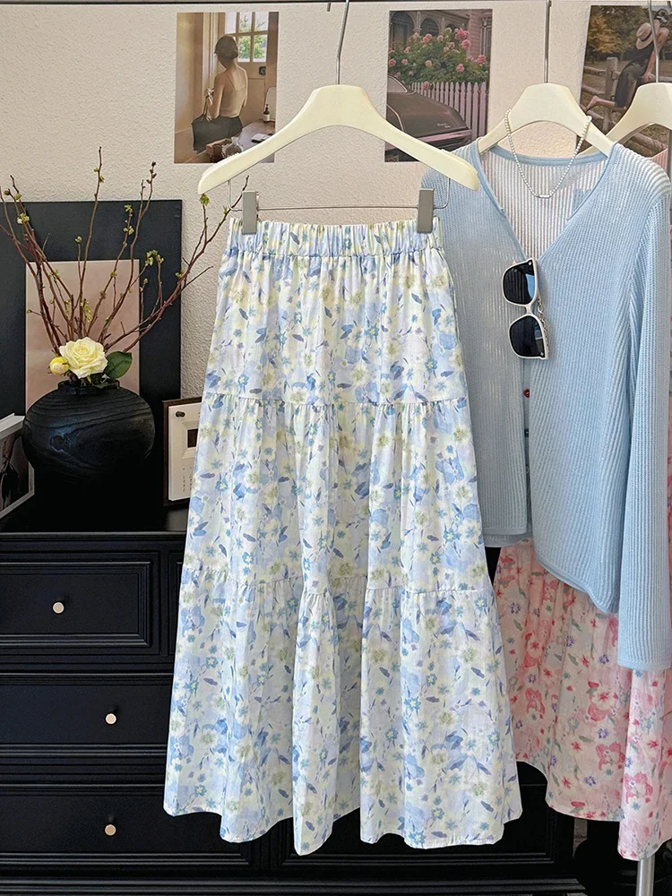 Vintage hoge taille bloemenrokken voor vrouwen 2025, zomer nieuwe zachte stijl A-lijn rok dames casual lange rok