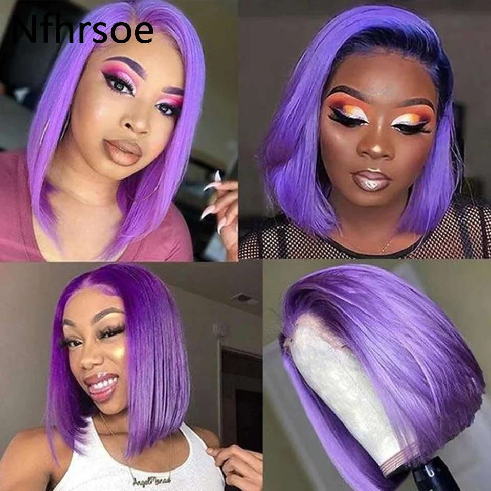 Perruque Bob Lace Front Wig naturelle lisse, cheveux courts, pre-plucked, couleur violet clair, 13x6, HD, sans colle, pour femmes