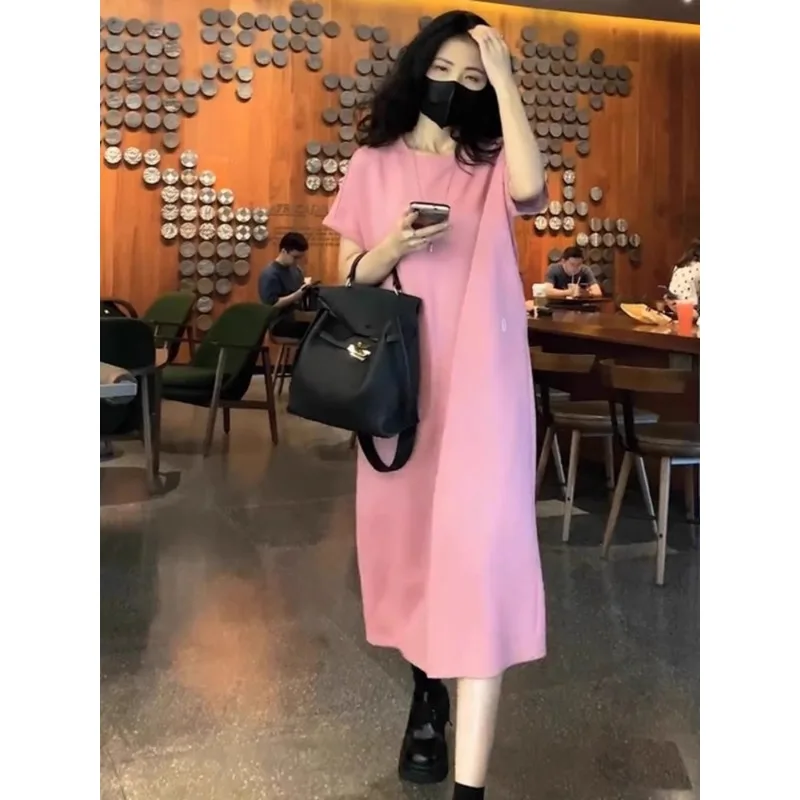 

Korean style casual dress, simple and versatile, loose and slimming, mid-length T-shirt skirt, new for women, Summer 2024