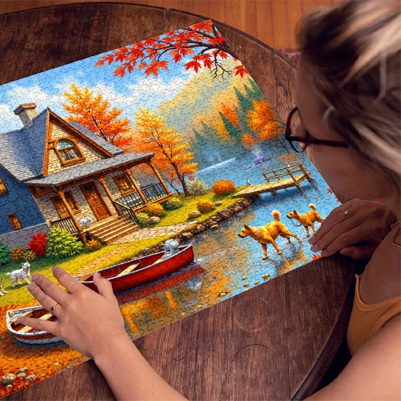 [가을 호수 직소 퍼즐] 500/1000피스 직소 퍼즐 - 개와 호수가 있는 가을 호숫가 오두막 장면, 긁힘 방지 프리미엄 판지, A