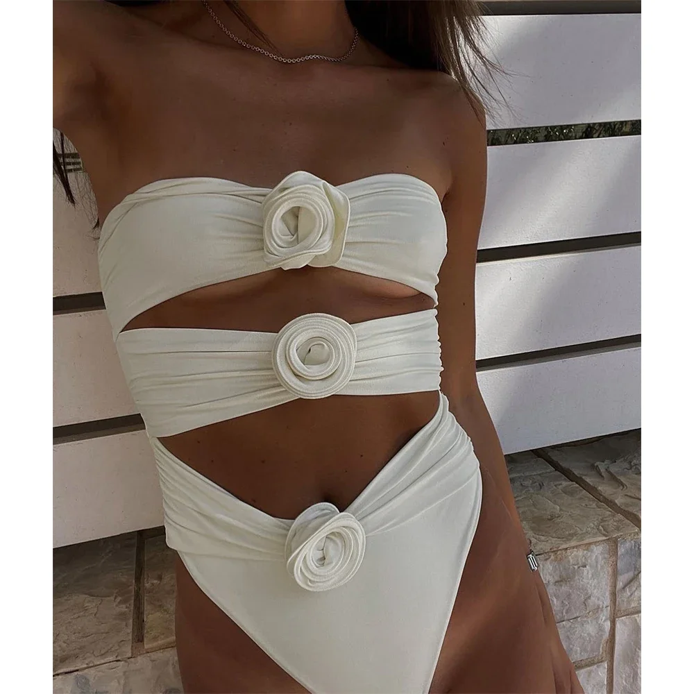 One Piece Women Floral Lace Up 2024 Push-Up Padded Bra White Swimsuit Swimwear Bathing Suit Beachwear Monokini Female