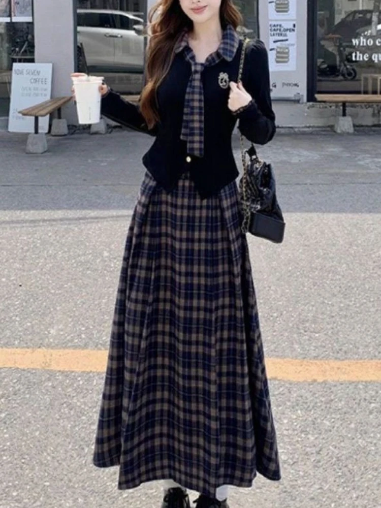 

New Autumn Elegant Irregular 2 Piece Sets Women Vintage Long Sleeve Tops + Plaid Long Skirt Harajuku Fashion Y2k Korean Clothes