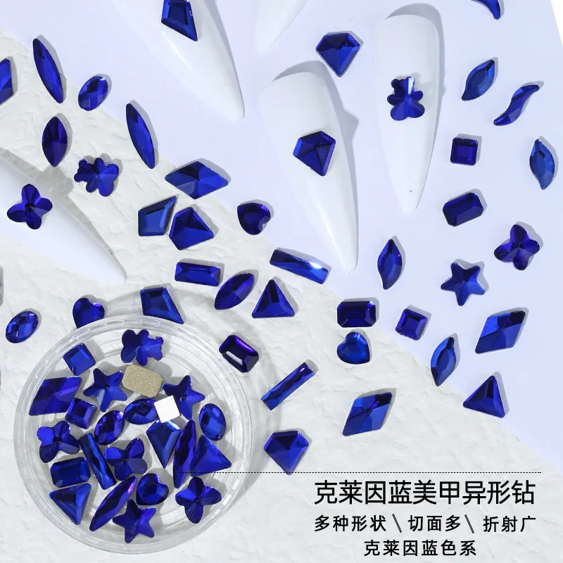 100/500pcs Sapphire Blue Boutique Flat bottom nail art rhinestones Glass crystal 3D nail decoration Multiple shapes wholesale