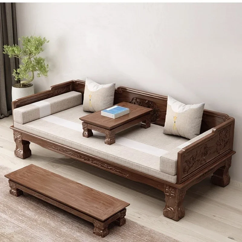 

New Chinese-style solid wood sofa bed dual-purpose living room modern small apartment old elm Ming-style antique three-piece set