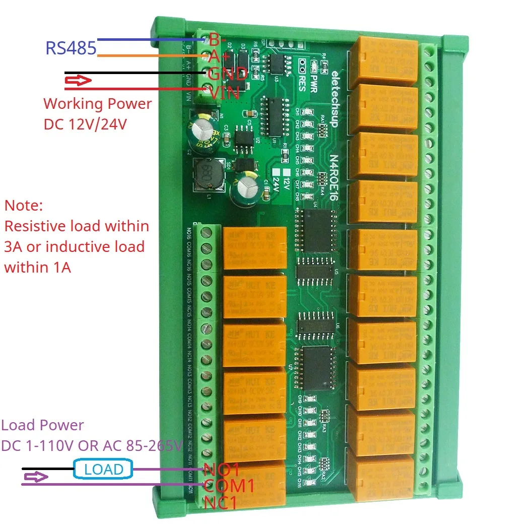 DC 12V 24V 16CH RS485 Multifunction Relay Module with Modbus Rtu, 3A Switch, Digital Output and DIN C35 Rail Mount Box