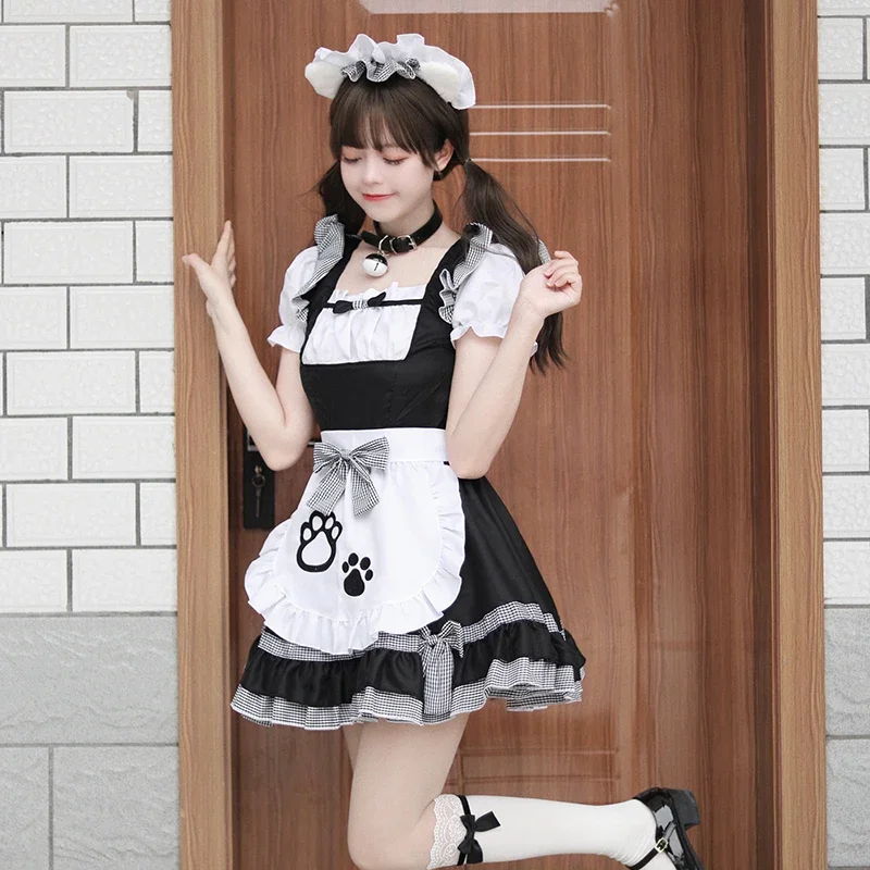 Disfraces sexys de sirvienta para Cosplay, falda de gato dulce de Anime para niña, vestido bonito de Lolita en negro, blanco y rosa, delantal para fiesta de Carnaval, trajes de camarera
