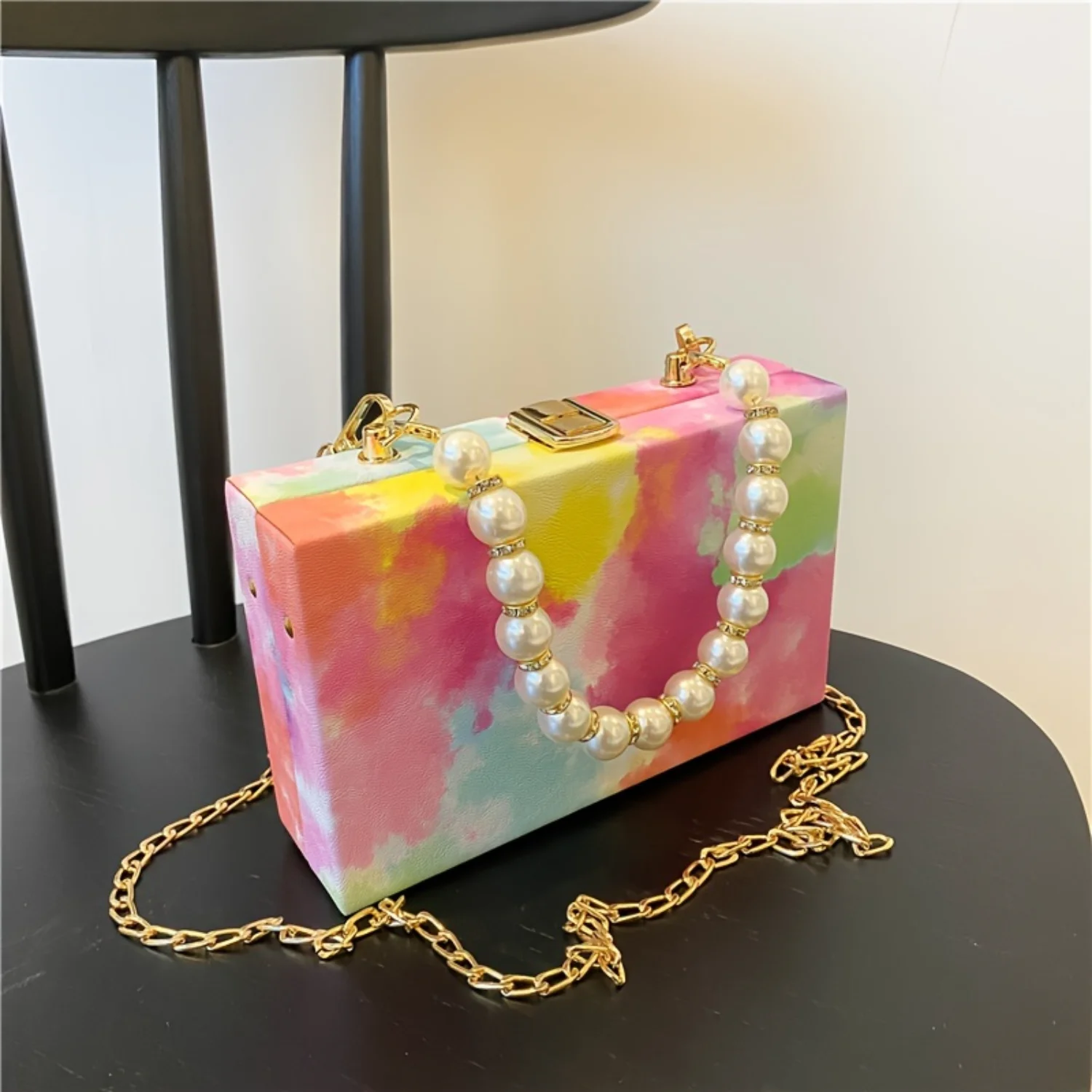 Mini Trendy Printed Box Bag, Faux Pearls Chain Square Handle Bag, Perfect Chain Crossbody Bag For Daily Use Makeupbag Bags yk