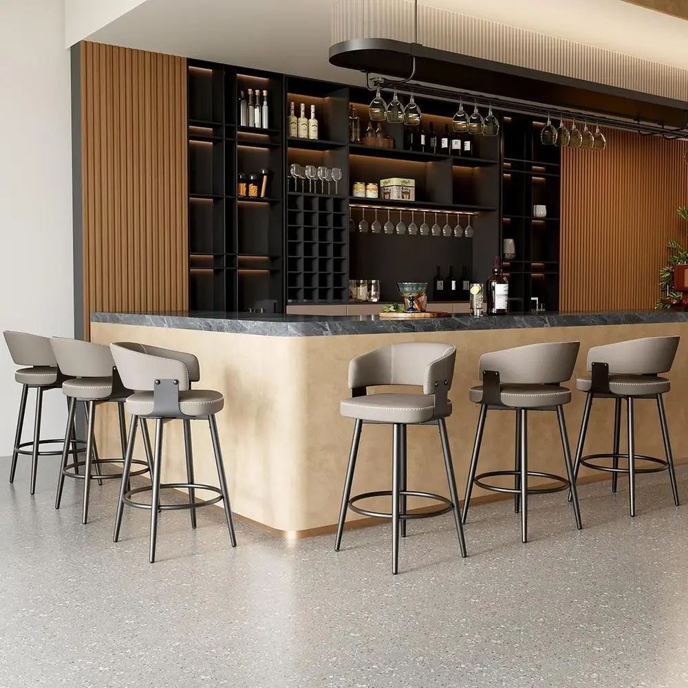 

Stools Set of 6, 30 Swivel Bar Height Bar Stools with Curved Back, MidCentury Modern Faux Leather Bar Chairs with Stitching for
