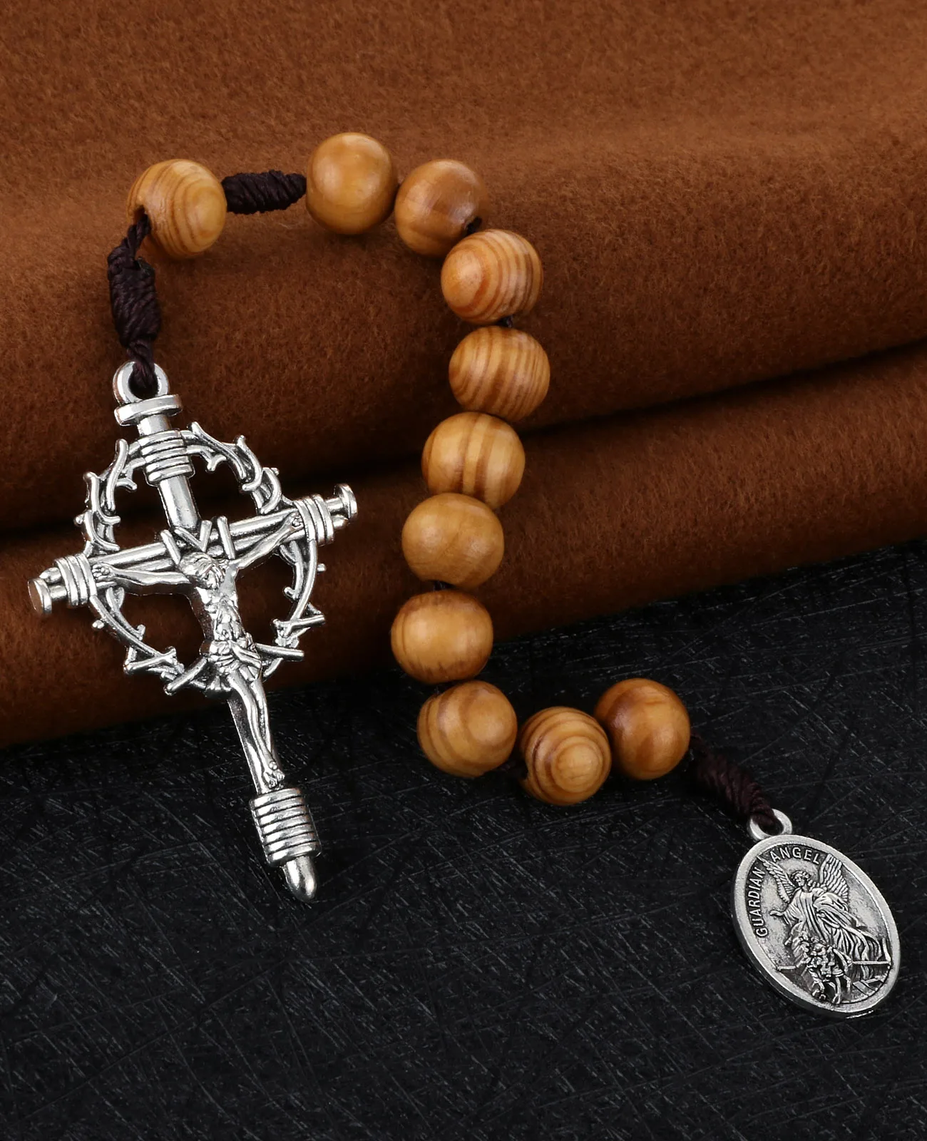 تاج الكرمة من الشوك الصليب مسمار الصليب سانت مايكل ميدالية جيب الوردية اليدوية خشبية خرز للصلاة العقد الأول سلسلة شابليت