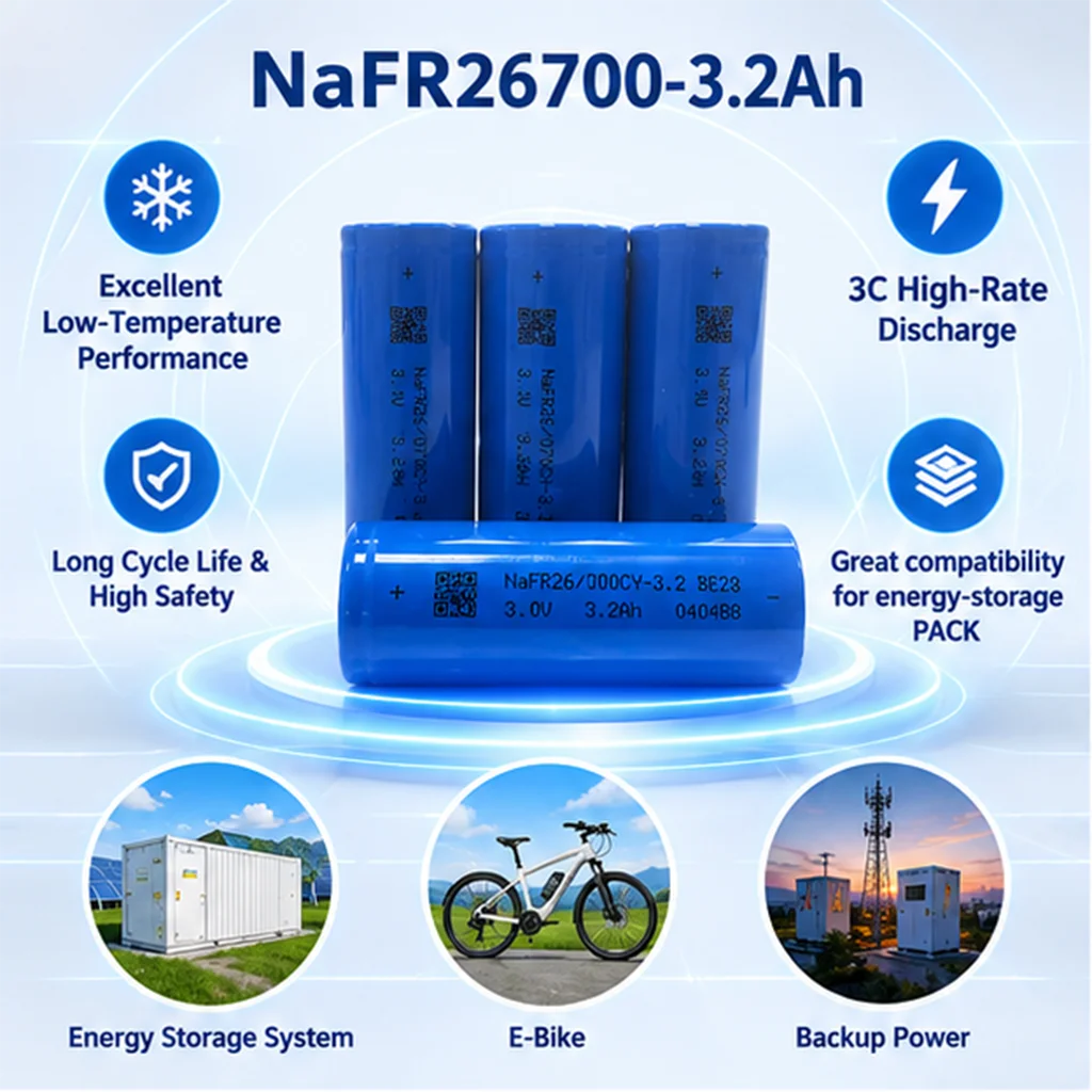 E-power NaFR26700 3.2Ah Cylindrical Sodium Ion Cell 3V A Grade 3C Discharge -40℃ Low Temp for Power Station E-bike Solar Storage