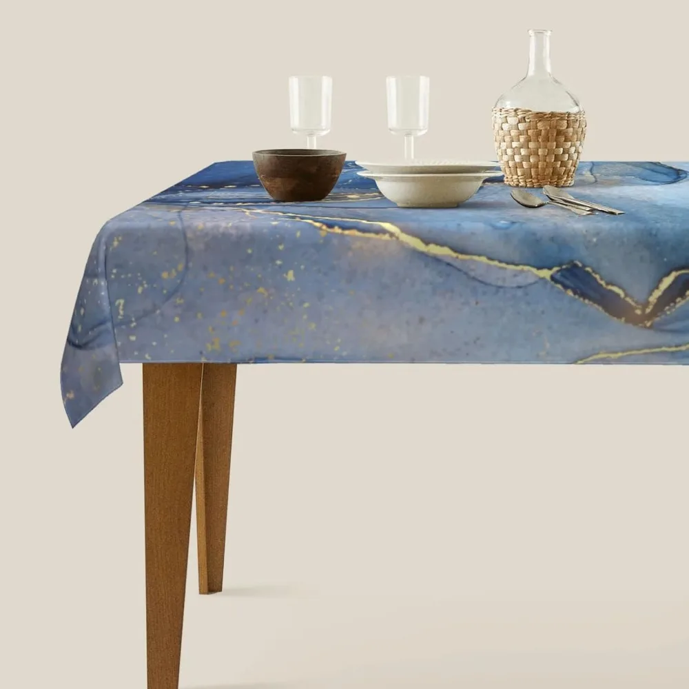 مفارش طاولة مستطيلة من الرخام الذهبي الأزرق التجريدي غطاء طاولة قابل للغسل لحفلات طعام المطبخ مقاس 60 × 90 بوصة