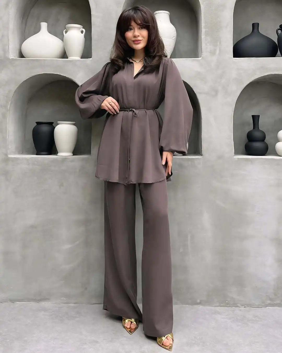 2025 New Fashion Women's Solid Color Casual Trendy 2 Piece Sets Long Lantern Sleeve Single-breasted Turn-down Collar Shirt Pants