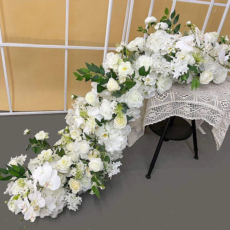 النباتات الخضراء ورقة زهرة الورد الأبيض صف الزفاف خلفية ديكور الطابق زهرة عداء الحدث الجدول الأزهار قطاع ترتيب الدعائم #2