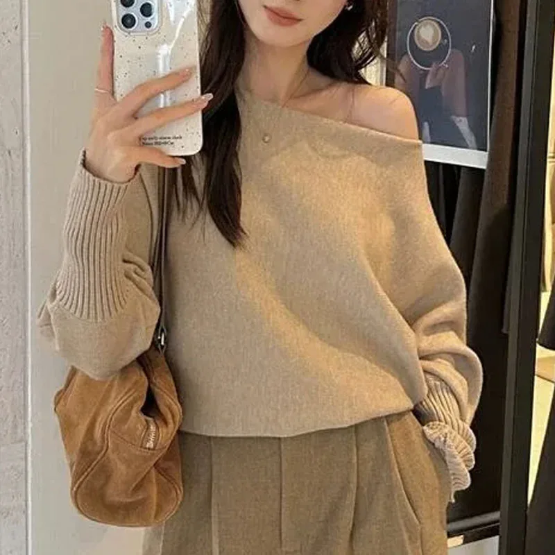 

Fashion Long Sleeve Knitted Sweater Women Pullovers Black Slash Neck Knit Sweater Pullover Women Tops Sueter Feminino 2026 Q1476
