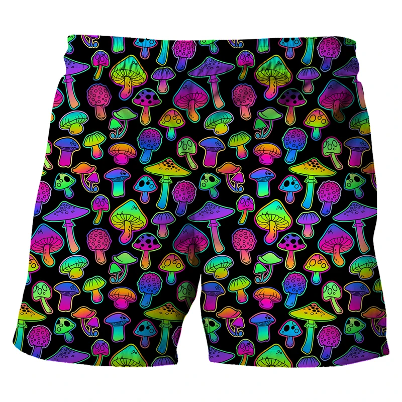 Psychedelic Mushroom Print Board Shorts For Men Neon Cat Pattern Personality Drawstring Beach Shorts Summer Harajuku Short Pant