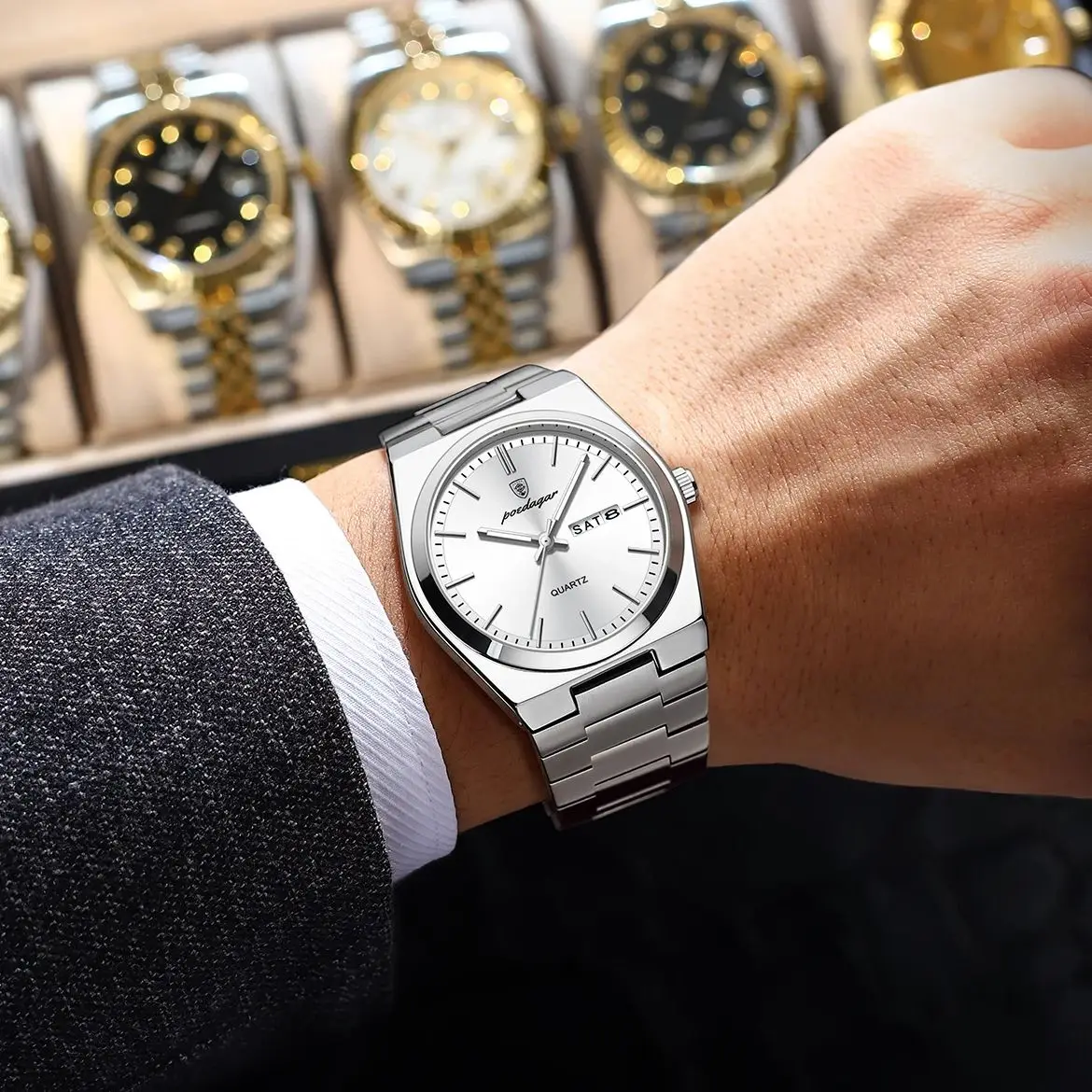 POEDAGAR Luxury Business Man Wristwatch Waterproof Luminous Stainless Steel Men Watch Date Week Fashion Quartz Men's Watches+Box