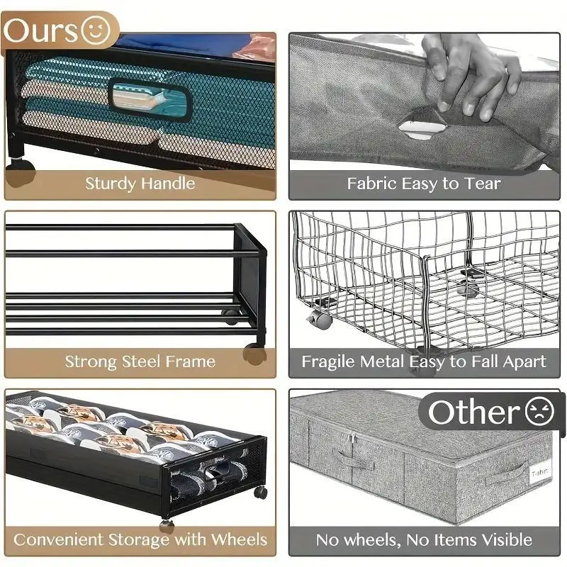 2-Pack Rectangular Under Bed Storage Organizer with Wheels Black Gray Rolling Drawers Boxes Containers for Clothes Shoes Blankets Space Saving Bedroom Closet Organization - view 5