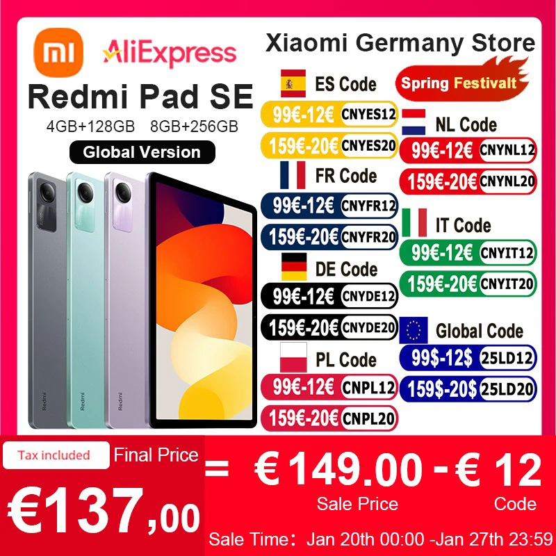 Global Version Xiaomi Redmi Pad SE Mi Tablet 128/256GB Large Battery Snapdragon®680 Quadspeakers Dolby Atmos®11 