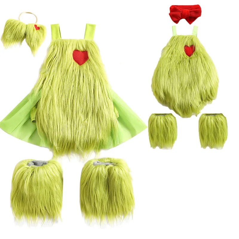 

3Pcs Christmas Baby Costumes Green Monster Baby Girls Sleeveless Plush Fur Romper Onesie Headband Leg Warmer Set