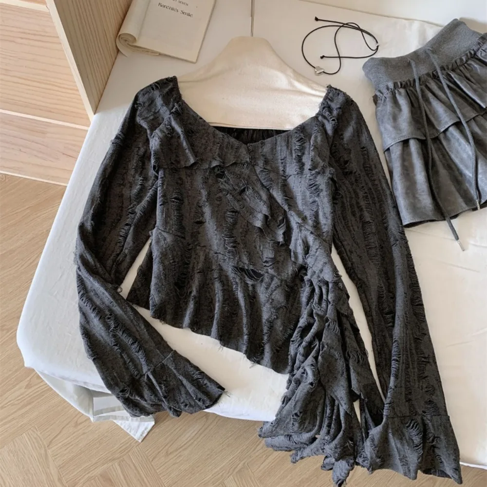 Neploe الكشكشة الجوف خارج غير المتماثلة سليم تي شيرت 2025 جديد الحلو حورية البحر شبكة Ropa Mujer سبايس بنات مثير جديد عصري Y2K البلوزات #5