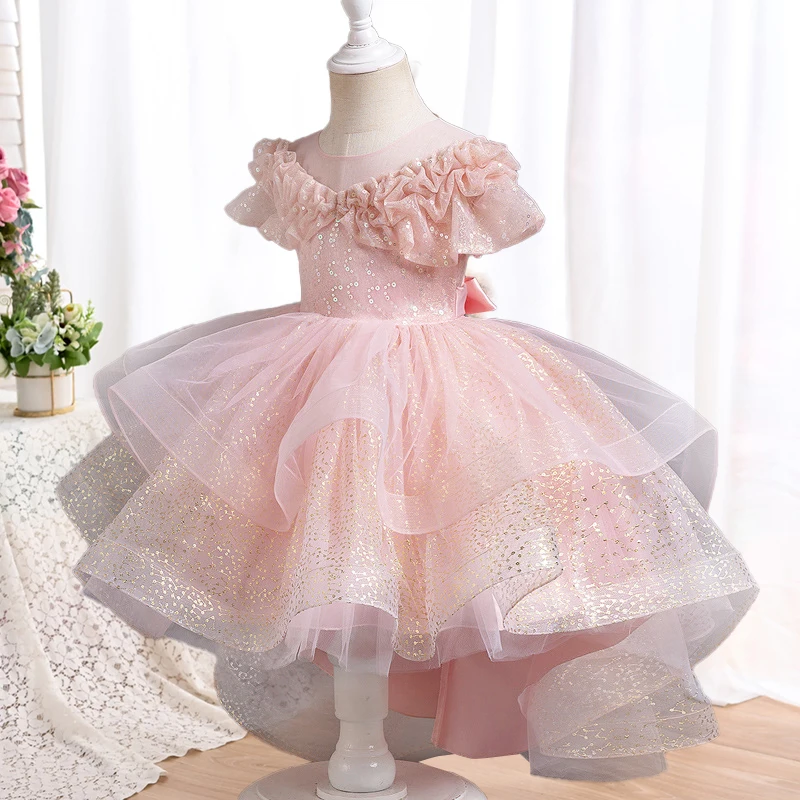 

Summer Children's Dress Wedding Flower Girl Tulle Trailing Girl Princess Dress Sequin Birthday Party Evening Dress