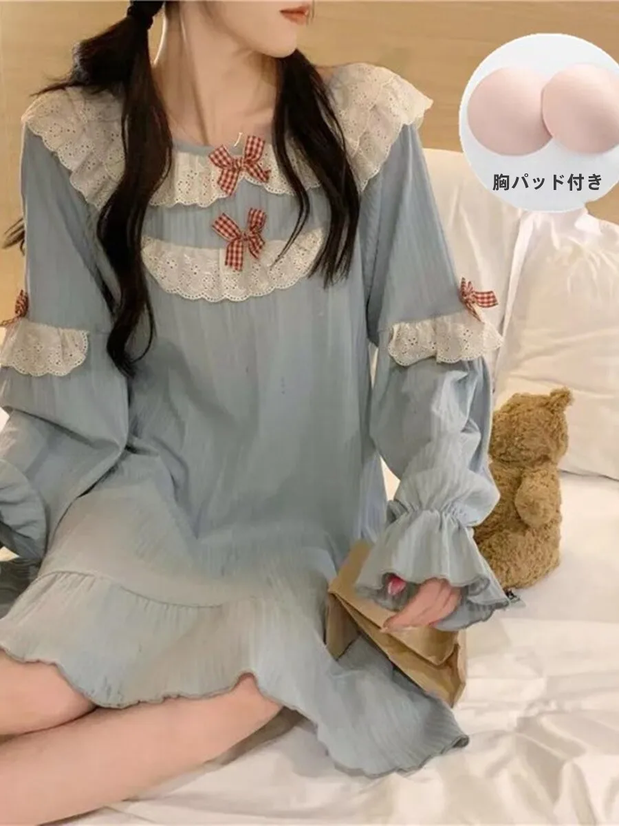 Cute Princess Sle Lace Bow Pure Cotton Belt Chest Pad Nightdress Long sleeve Pajamas Women Spring and Autumn Outer Wear Dress