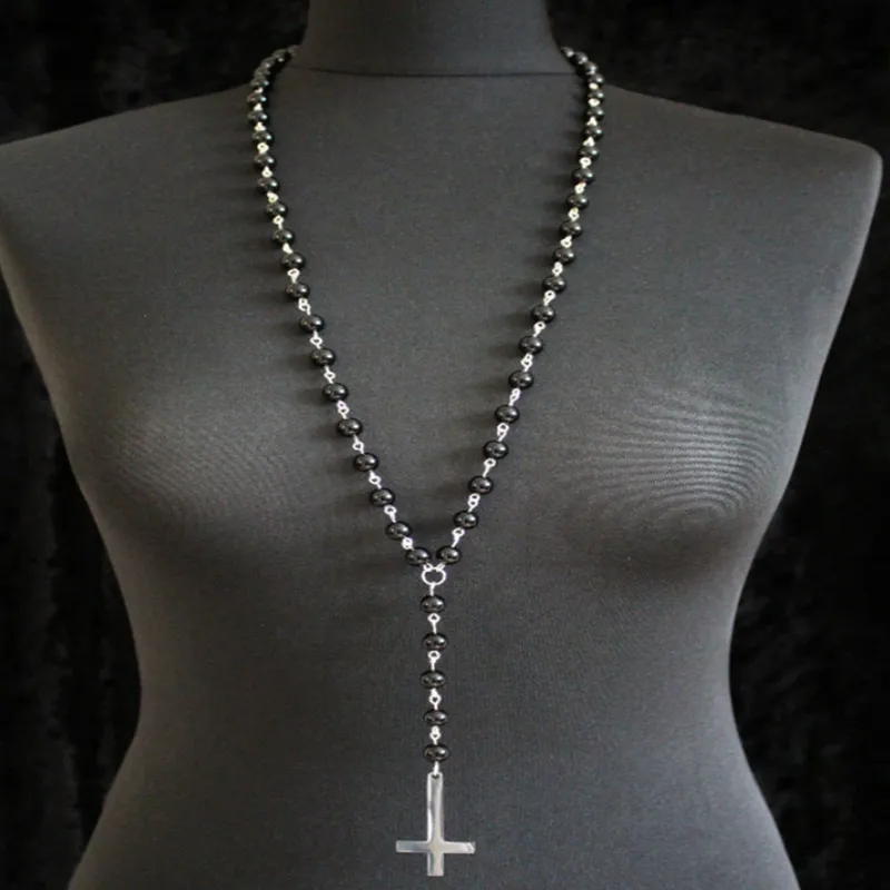 Gothic occult rosary bead necklace with inverted cross pendant // Real Gemstone // Gothic style // Satanic // Witchcraft // Left