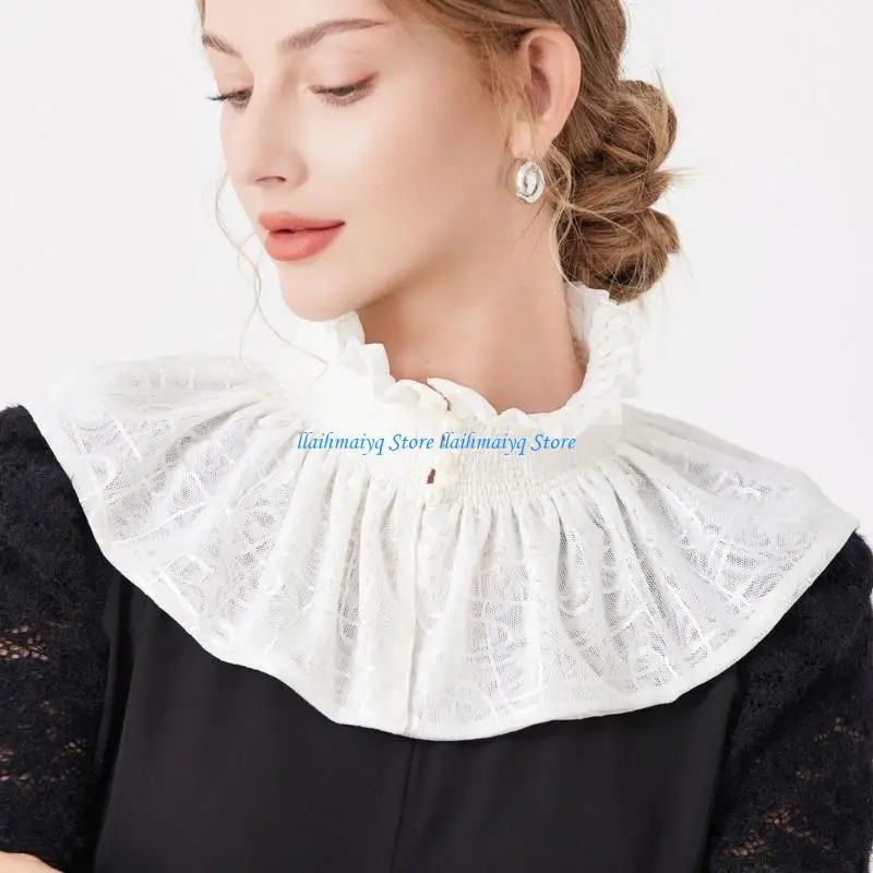 573B Elegant Lace Collar Courtstyle Neckpiece High Neck Ruffle Detachable Collar Accessory For Women Business Casual Event