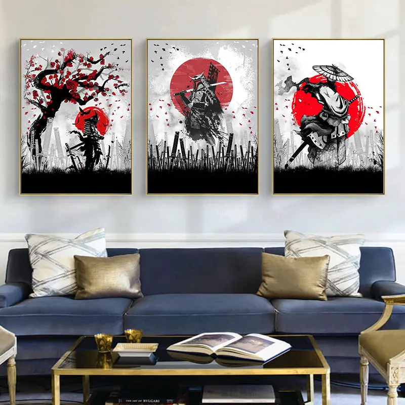 Japanese Art Style Warrior Sabre Canvas Painting Posters Vintage Black Red Living Room Home Decor Aesthetic Art Wall Pictures